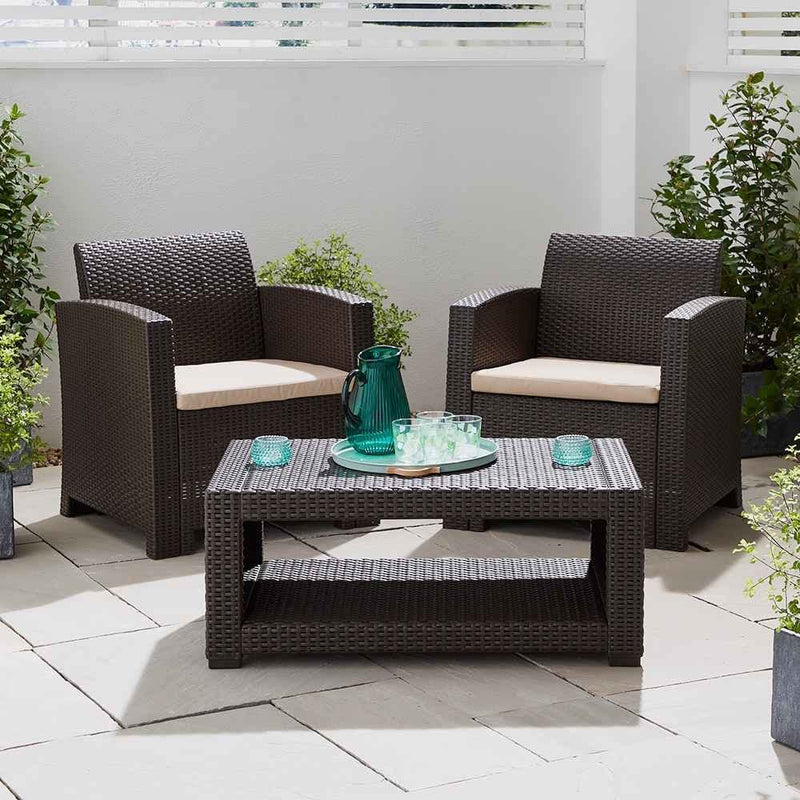 Marbella 2-Seater Rattan Armchair Furniture Set with Coffee Table Garden Furniture True Shopping Brown  