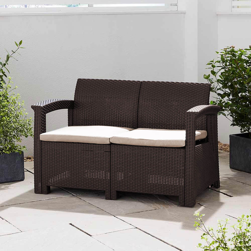 Rattan 2-Seater Sofa with Cushions Garden Furniture True Shopping Brown  