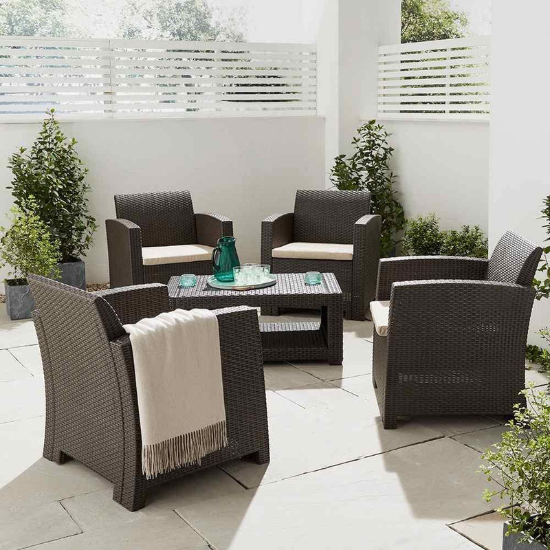 Marbella 4 Seater Rattan Effect Armchair Set with Coffee Table Garden Furniture True Shopping Brown  