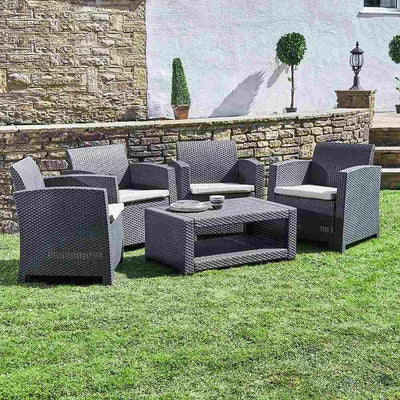 Marbella 4 Seater Rattan Effect Armchair Set with Coffee Table Garden Furniture True Shopping Graphite  